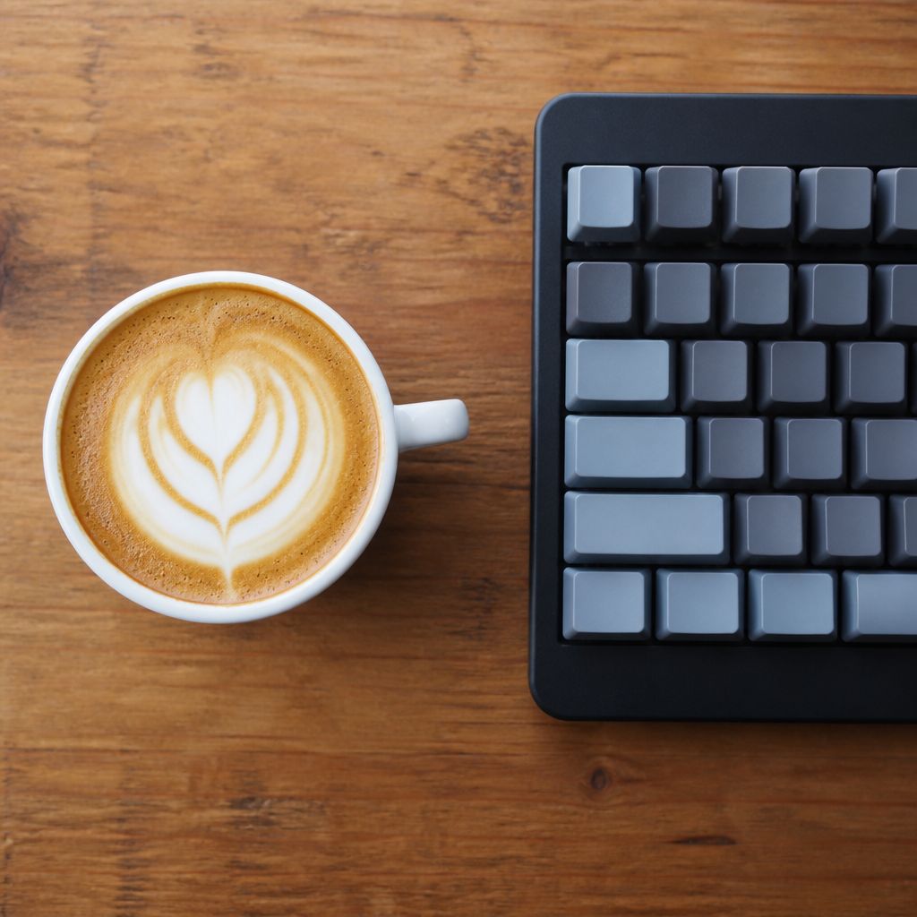 Top-down view of a flat white with latte art next to a mechanical keyboard on a warm wooden table