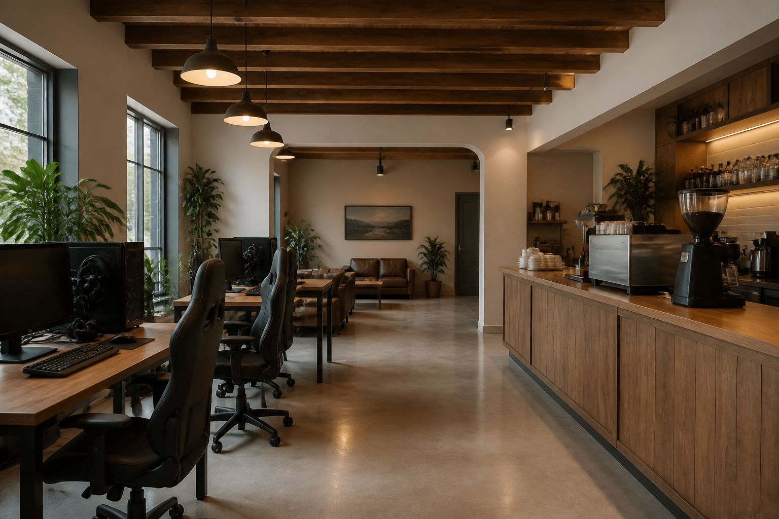 Warm minimalist gaming café interior with wooden tables, premium PCs and a coffee counter against cream walls in soft daylight