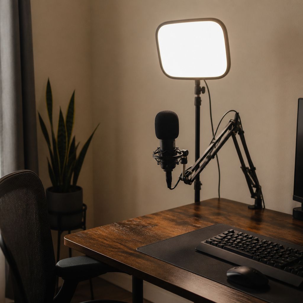 A small streaming corner with a microphone arm and a soft key light on a wooden desk against warm neutral walls