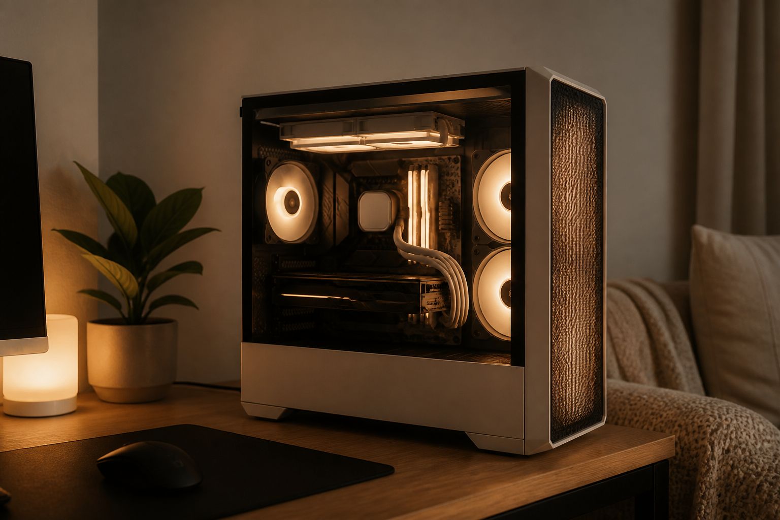 A premium gaming PC on a wooden desk with a small plant and a warm lamp, in cream tones